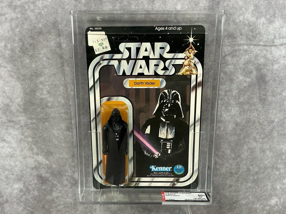 Darth Vader 80+ NM: 1978, 12 Back-C Star Wars Darth Vader made by Kenner in Hong Kong. AFA graded 80+ NM with subgrades C80 B80 F85. Card is unpunched. Case measures 7.25 inches wide x 1.5 x 9.75 inches tall.