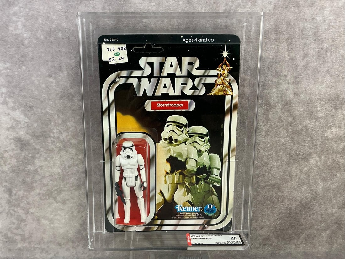 Stormtrooper 85 NM+: 1978, 12 Back-B Star Wars Stormtrooper made by Kenner in Hong Kong. AFA graded 85 NM+ with subgrades C85 B85 F85. Card is unpunched. Case measures 7.25 inches wide x 1.5 x 9.75 inches tall.