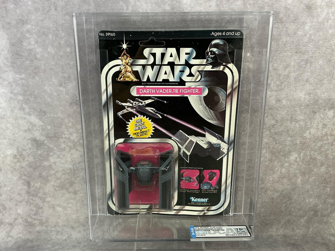 Darth Vader Tie Fighter 75+ EX+/NM: 1979, 21-Back Star Wars diecast Darth Vader Tie Fighter made by Kenner in Hong Kong. DCA graded 75+ EX+/NM with subgrades C75 B80 V90. Card is unpunched. Case measures 8.25 inches wide x 2.5 x 10.75 i