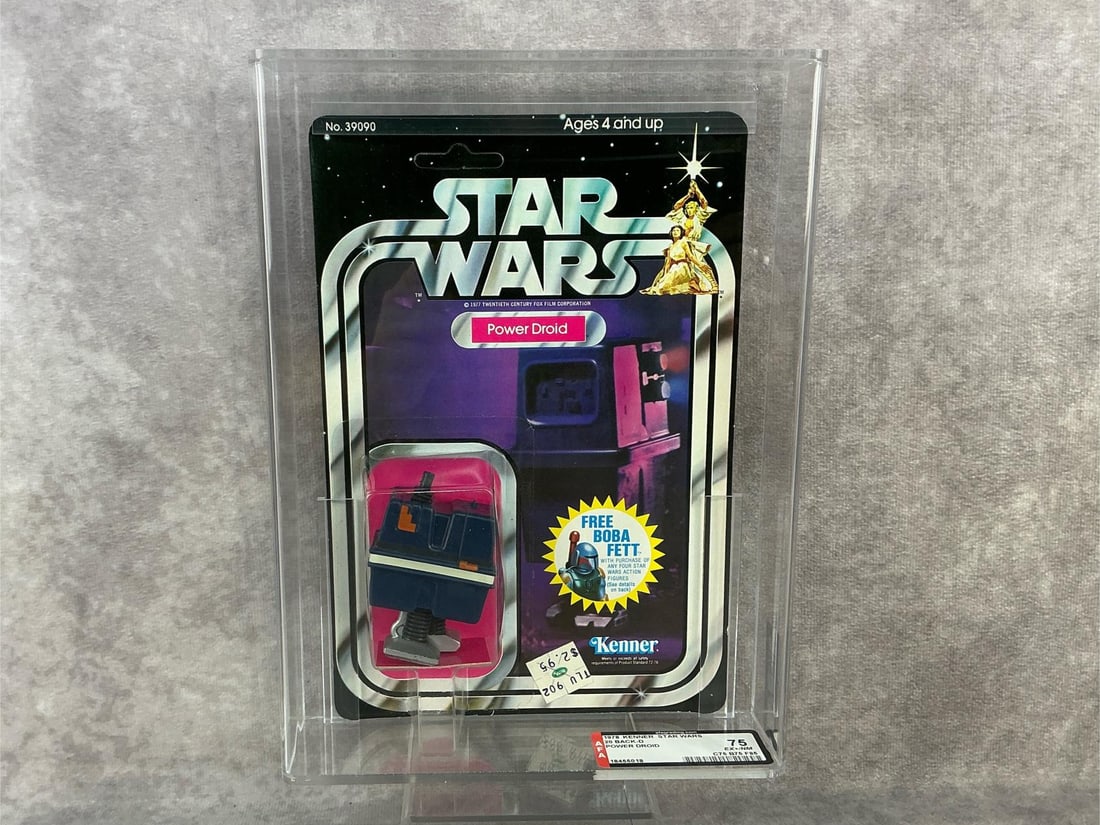 Power Droid 75 EX+/NM: 1978, 20 Back-D Star Wars Power Droid made by Kenner in Hong Kong. AFA graded 75 EX+/NM with subgrades C75 B75 F85. Card is unpunched. Case measures 7.25 inches wide x 1.5 x 9.75 inches tall.