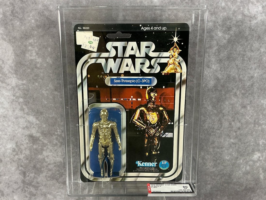 C-3PO 80 NM: 1978, 20 Back-A Star Wars C-3PO action figure made by Kenner in Hong Kong. AFA graded 80 NM with subgrades C85 B80 F80. Case measures 7.25 inches wide x 1.5 x 9.75 inches tall.
