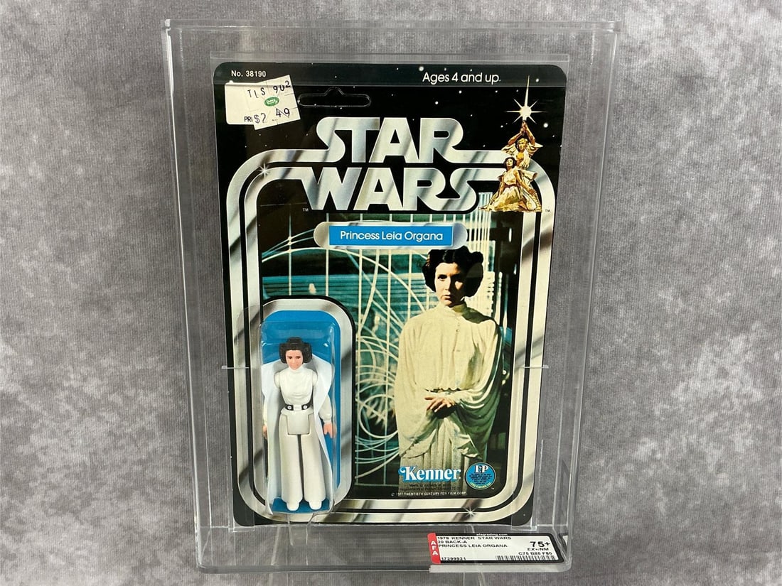 Princess Leia Organa AFA 75+: 1978, 20 Back-A Star Wars Princess Leia Organa action figure made by Kenner in Hong Kong. AFA graded 75+ EX+/NM with subgrades C75 B85 F80. Card is unpunched. Case measures 7.25 inches wide x 1.5 x 9.