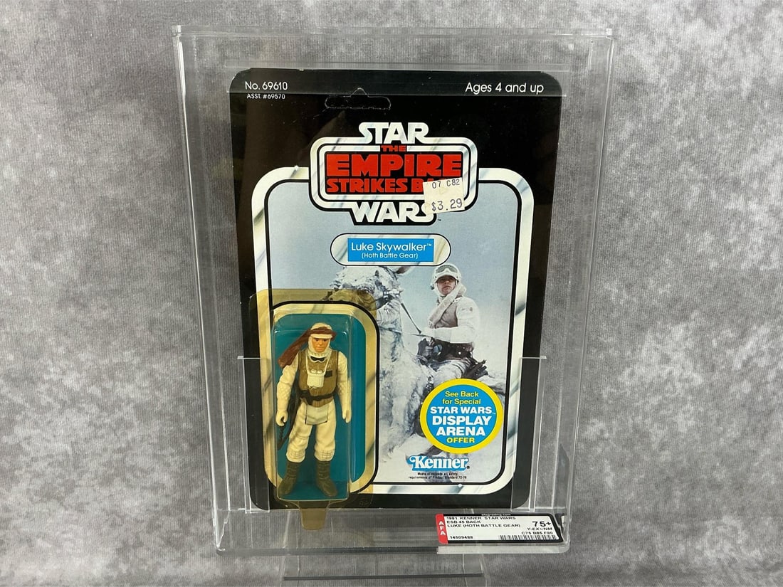 Luke Skywalker (Hoth Battle Gear) 75+ Y-EX+/NM: 1981, ESB 45 Back Star Wars The Empire Strikes Back Luke Skywalker (Hoth Battle Gear) action figure made by Kenner in Hong Kong. AFA graded 75+ Y-EX+/NM with subgrades C75 B85 F80. Card is unpunched.