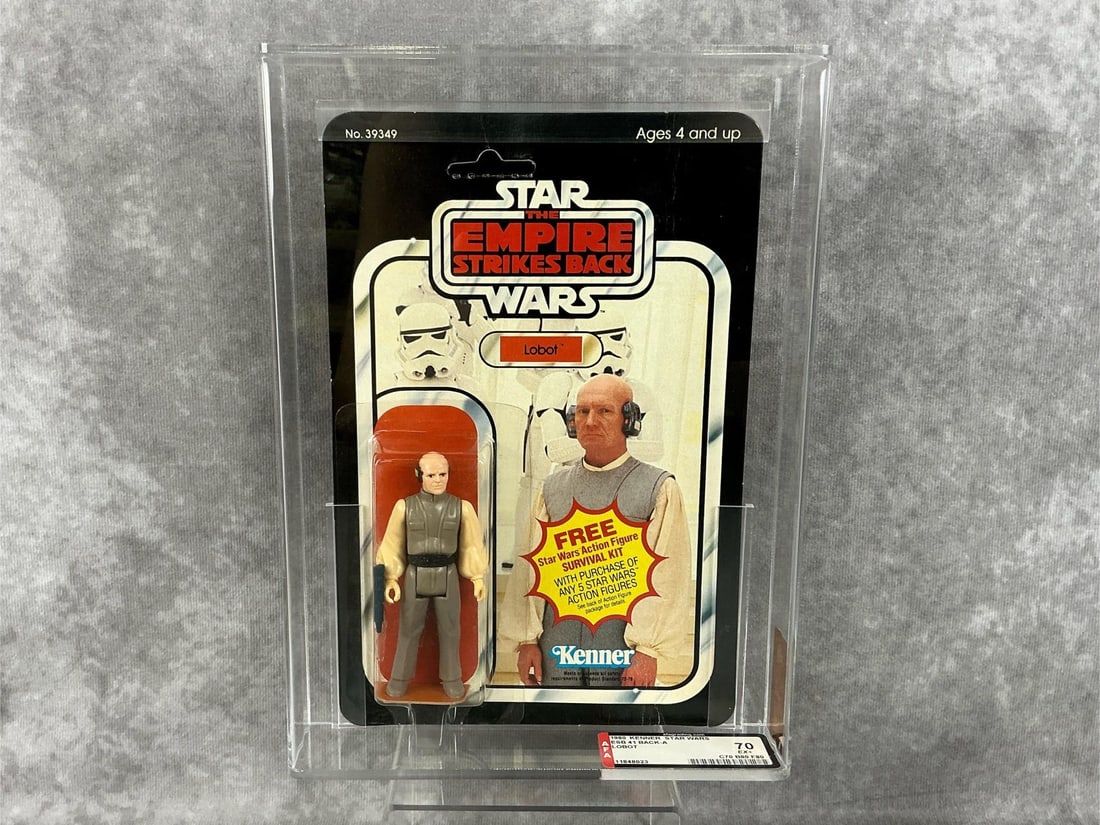Lobot 70 EX+: 1980, 41 Back-A Star Wars The Empire Strikes Back Lobot action figure made by Kenner in Hong Kong. AFA graded 70 EX+ with subgrades C70 B80 F80. Card is unpunched. Case measures 7.25 inches wide x 1.5