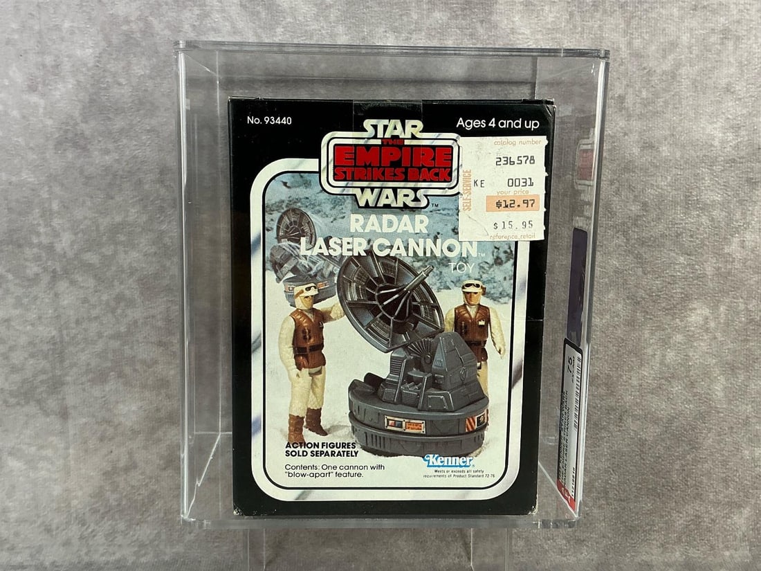 Radar Laser Cannon 75 EX+/NM: 1982, Star Wars The Empire Strikes Back Radar Laser Cannon made by Kenner in Hong Kong. AFA graded 75 EX+/NM. Case measures 6 inches wide x 4 x 7 inches tall.
