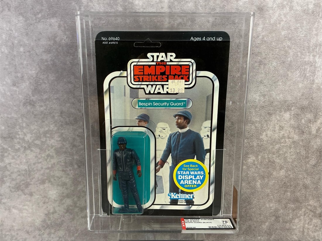 Bespin Security Guard (Black) ESB 70 EX+: 1981, 45 Back Star Wars The Empire Strikes Back Bespin Security Guard (Black) made by Kenner in Hong Kong. AFA graded 70 EX+ with subgrades C70 B75 F75. Card is unpunched. Case measures 7.25 inches wi