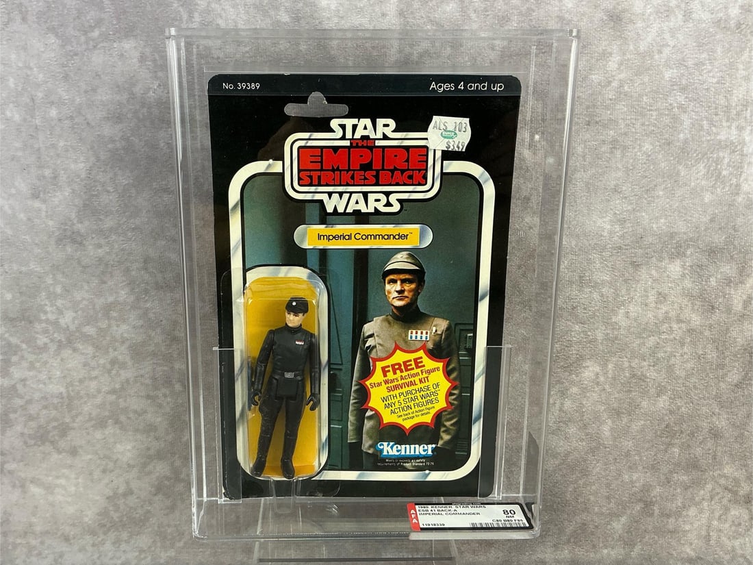 Imperial Commander ESB 80 NM: 1980, 41 Back-A Star Wars The Empire Strikes Back Imperial Commander action figure made by Kenner in Hong Kong. AFA graded 80 NM with subgrades C80 B80 F85. Case measures 7.25 inches wide x 1.5 x 9.75