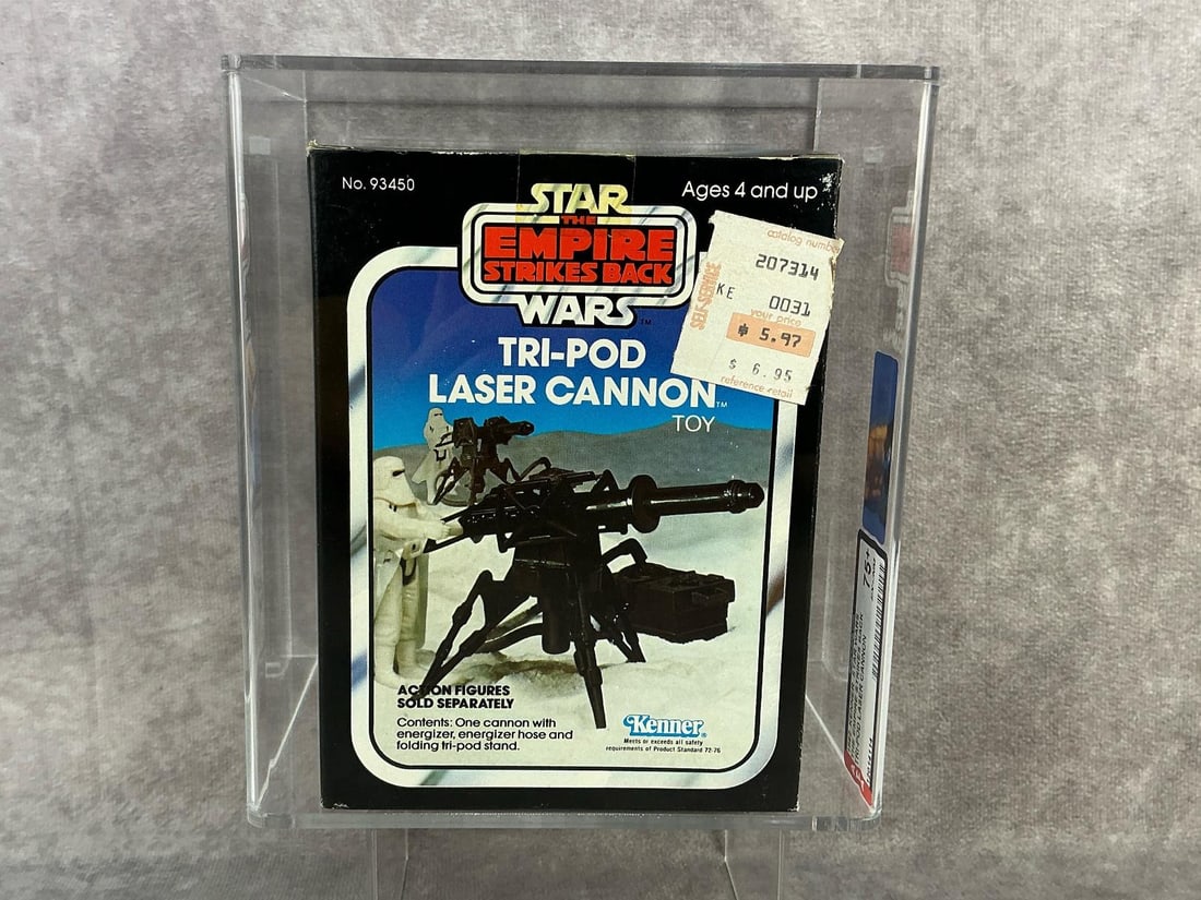Tri-Pod Laser Cannon ESB 75+ EX+/NM: 1982, Star Wars The Empire Strikes Back Tri-Pod Laser Cannon accessory made by Kenner in Hong Kong. AFA graded 75+ EX+/NM. Case measures 6 inches wide x 4 x 7 inches tall.