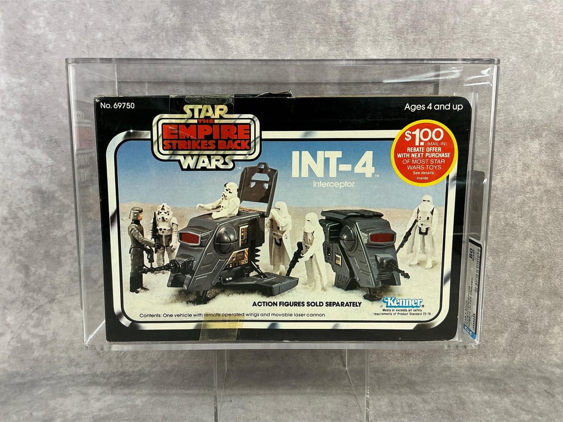 INT-4 Interceptor ESB 80 Q-NM: 1982, ESB 5 Back Star Wars INT-4 Interceptor made by Kenner in Macao. Rebate offer printed variation. AFA graded 80 Q-NM. Only one higher in population at time of listing. Case measures 10 inches wide