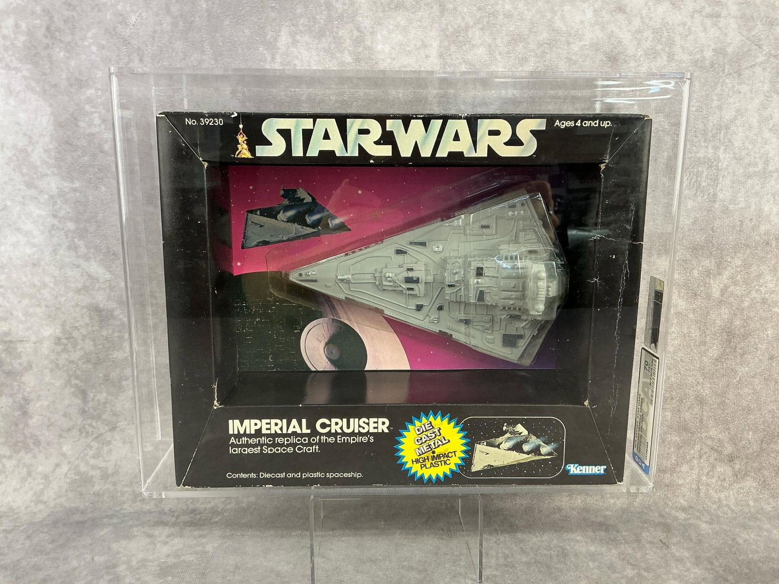 Imperial Cruiser 70 EX+: 1979 Star Wars diecast Imperial Cruiser made by Kenner in Hong Kong. DCA graded 70 EX+ with subgrades B70 W70 V90. Case measures 12 inches long x 3 x 9.5 inches tall.
