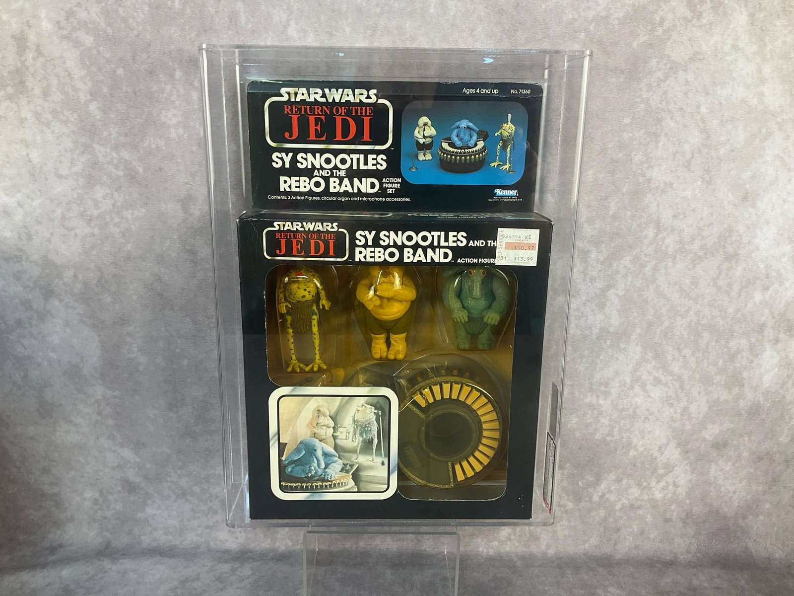 Sy Snootles and the Rebo Band 75+ Y-EX+/NM: 1984, ROTJ 77 Back Star Wars Sy Snootles and the Rebo Band action figure set made by Kenner in Hong Kong. AFA graded 75+ Y-EX+/NM with subgrades B75 W85 F80. Case measures 10.5 inches wide x 2.75 x