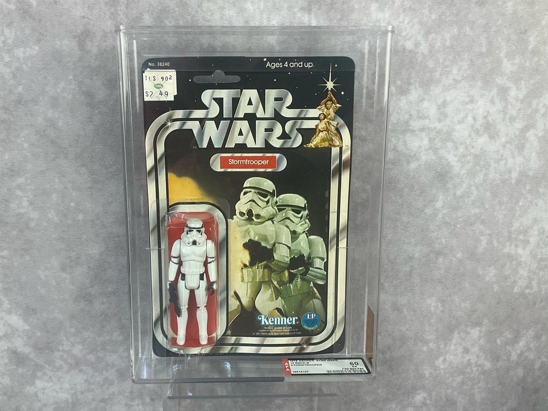 Stormtrooper 60 EX: 1978, 12 Back-B Star Wars Stormtrooper action figure made by Kenner in Hong Kong. AFA graded 60 EX with subgrades C60 B50 F85. Case measures 7.25 inches wide x 1.5 x 9.75 inches tall.