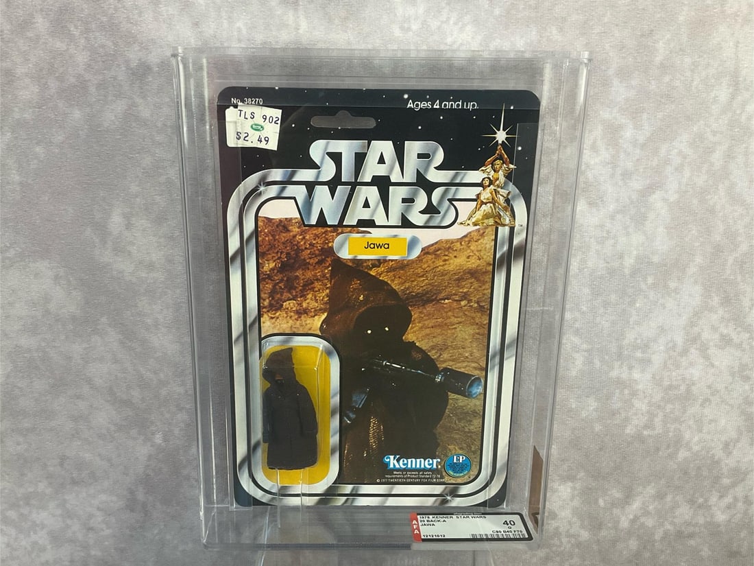 Jawa 40 G: 1978, 20 Back-A Star Wars Jawa action figure made by Kenner in Hong Kong. AFA graded 40 G with subgrades C80 B40 F70. Case measures 7.25 inches wide x 1.5 x 9.75 inches tall.