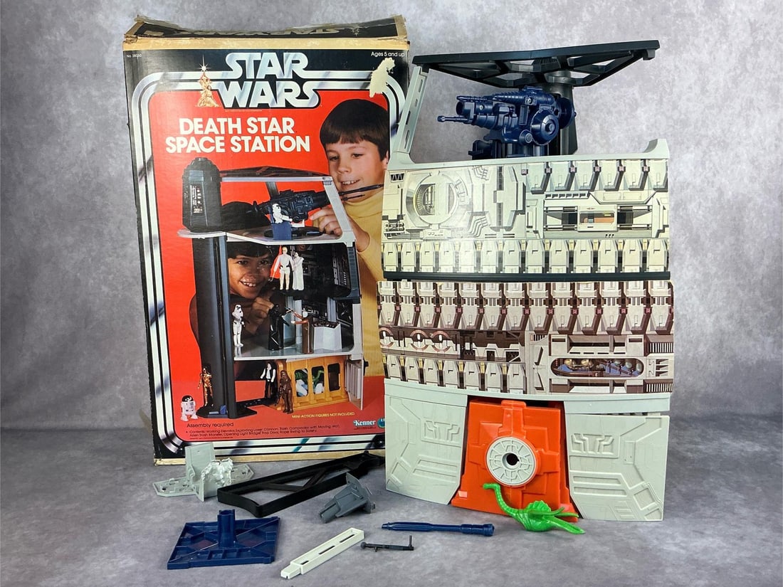 Death Star Space Station: 1978 Star Wars Death Star Space Station in original box made by Kenner. Some missing and damaged pieces, wear to box. Box measures 14 inches wide x 6.25 x 22 inches tall.