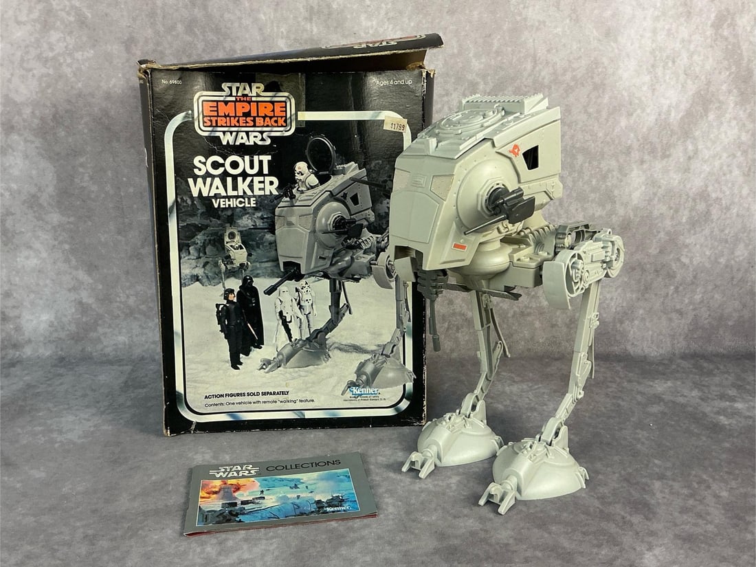 Scout Walker Vehicle: 1982 Star Wars The Empire Strikes Back Scout Walker Vehicle made by Kenner. In original box with booklet. Missing the gun on top, box has damage. Box measures 8.5 inches wide x 7 x 12 inches tall.