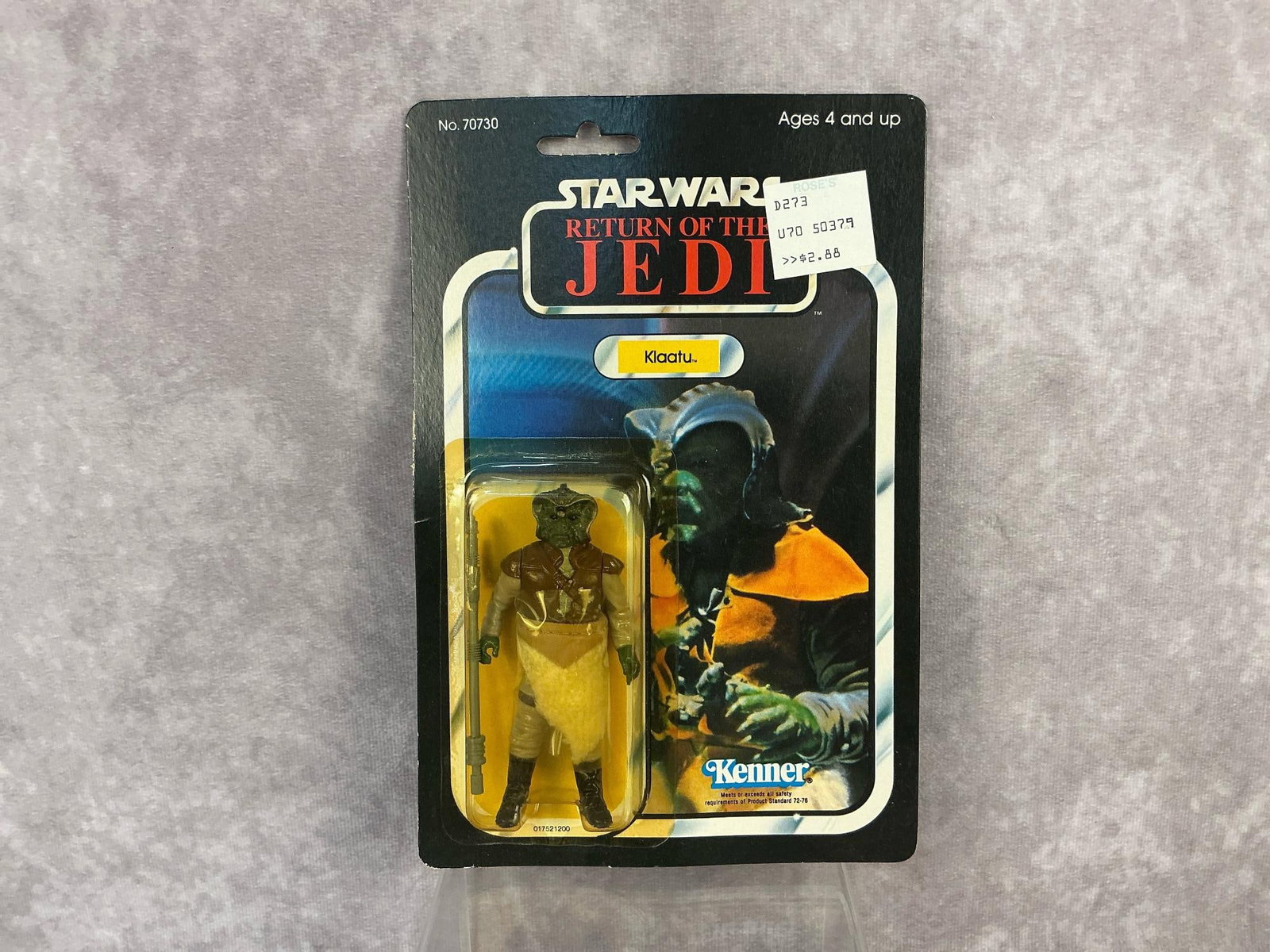 Klaatu ROTJ: 1983, 65 Back-A, Star Wars Return of the Jedi Klaatu figure made by Kenner in Hong Kong. Figures #9 and #10 are blacked out to keep the design of the Ewoks a secret before the movie’s release. Yello
