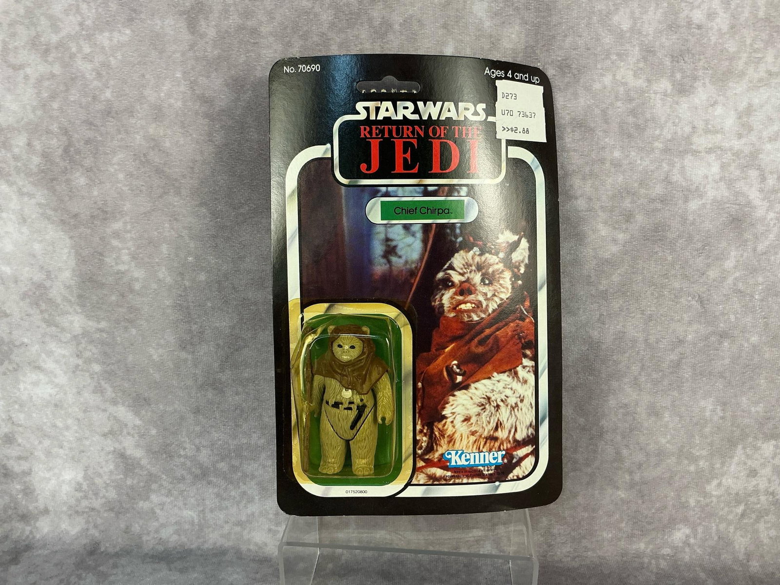 Chief Chirpa ROTJ: 1983, 65 Back-B, Star Wars Return of the Jedi Chief Chirpa made by Kenner. Yellowing to blister and damage to blister, bowing to card back. Measures 6 inches wide x 9 inches tall.
