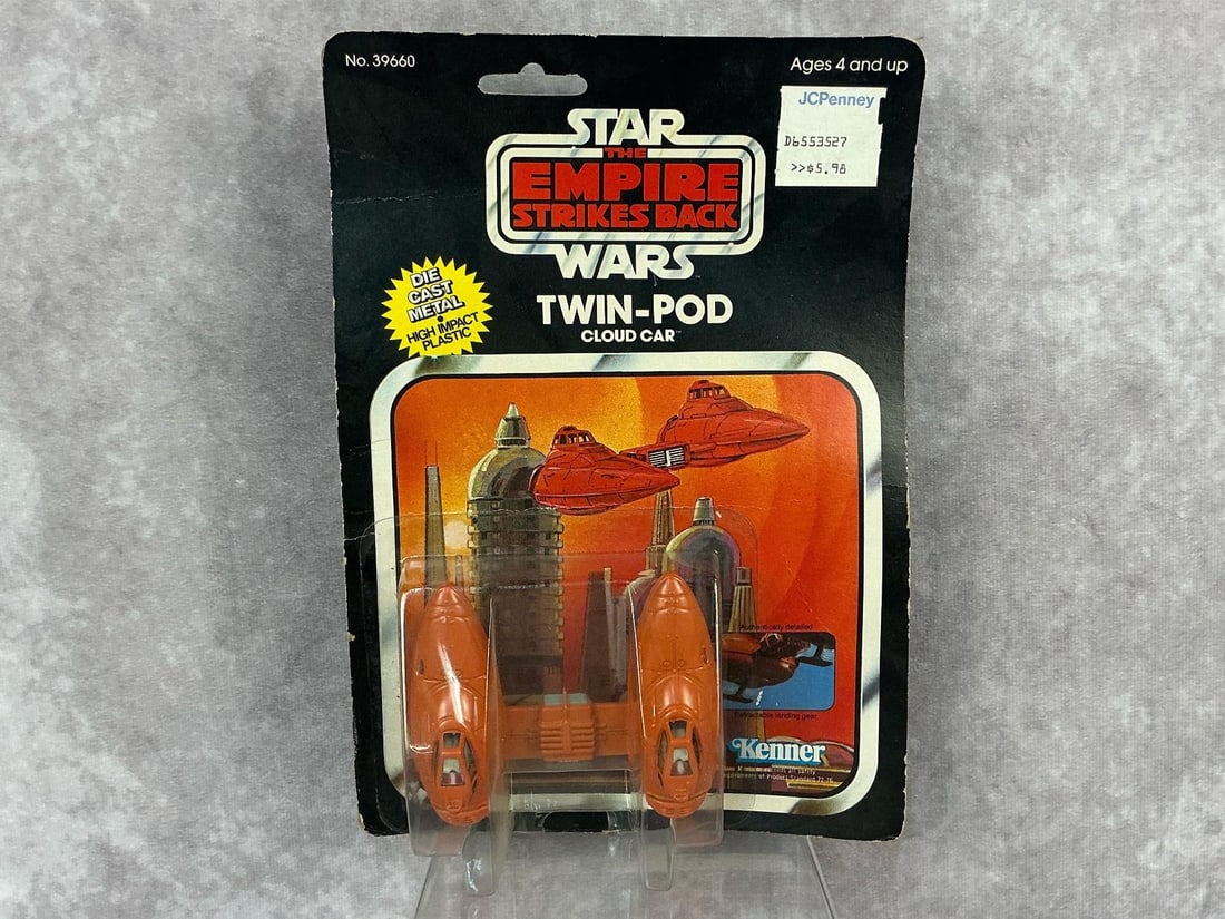 Twin-Pod Cloud Car ESB: 1980, 11 Back-A, Star Wars The Empire Strikes Back Twin Pod die cast vehicle made by Kenner in Hong Kong. Damage to blister and card back. Measures 6 inches wide x 9 inches tall.