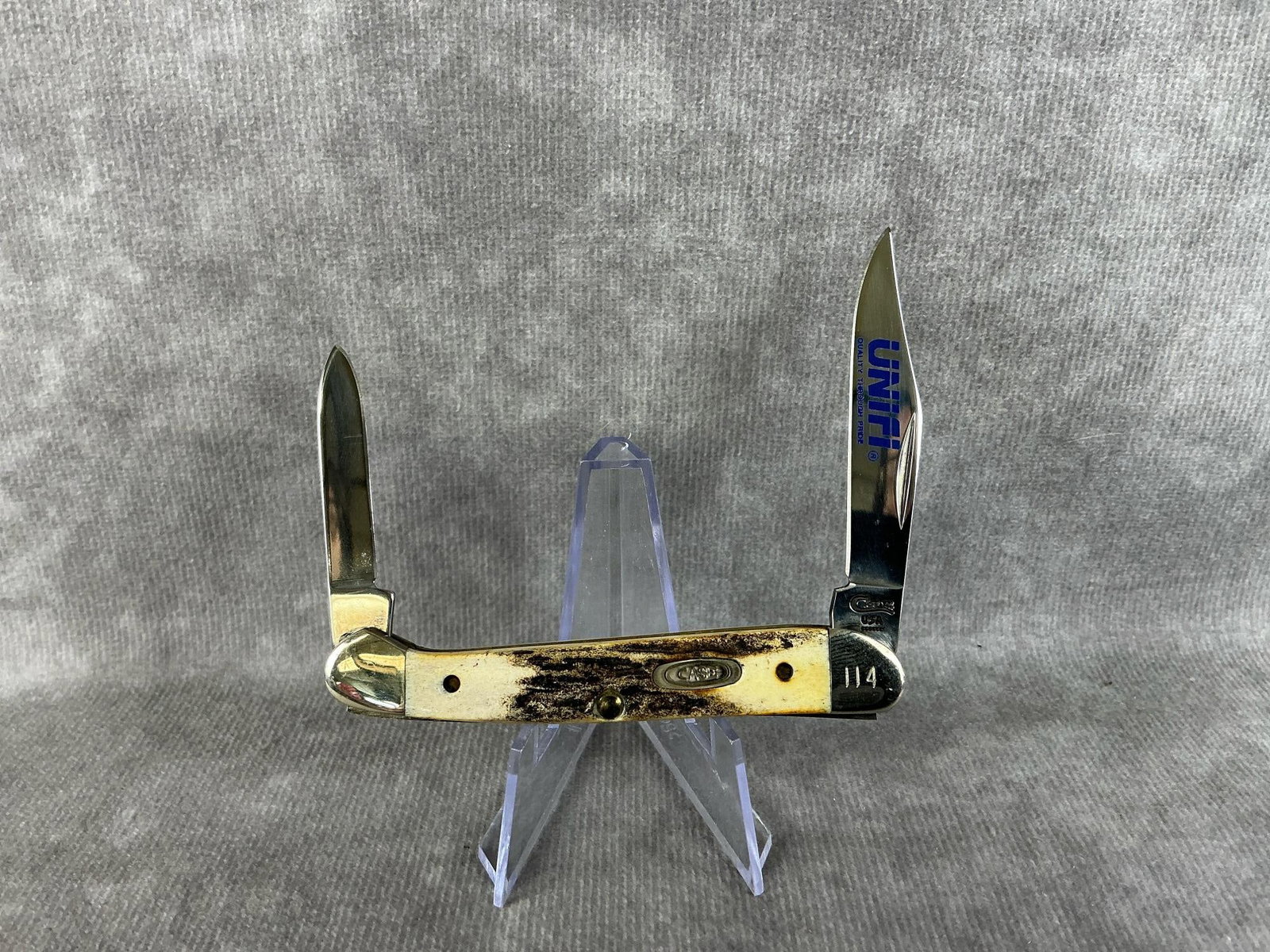 Mini Copperhead Knife: 1994 Case XX mini copperhead two blade pocketknife with stag handle, 52109X SS. Tight snap, scratches to blades in one spot. Measures just over 3 inches closed.