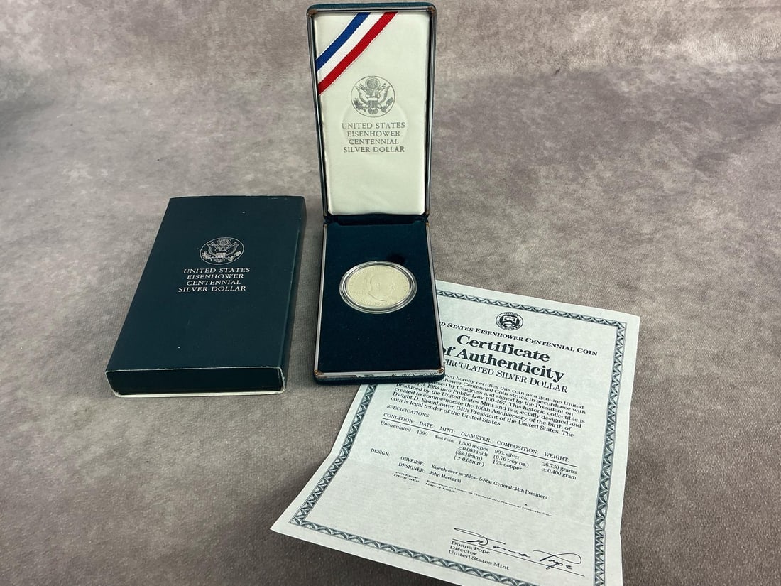 Eisenhower Dollar: 1990 Eisenhower Centennial Coin to commemorate the 100th anniversary of the birth of Dwight D. Eisenhower. Uncirculated and contains 90 percent silver. Total weight 1.11 ozt.