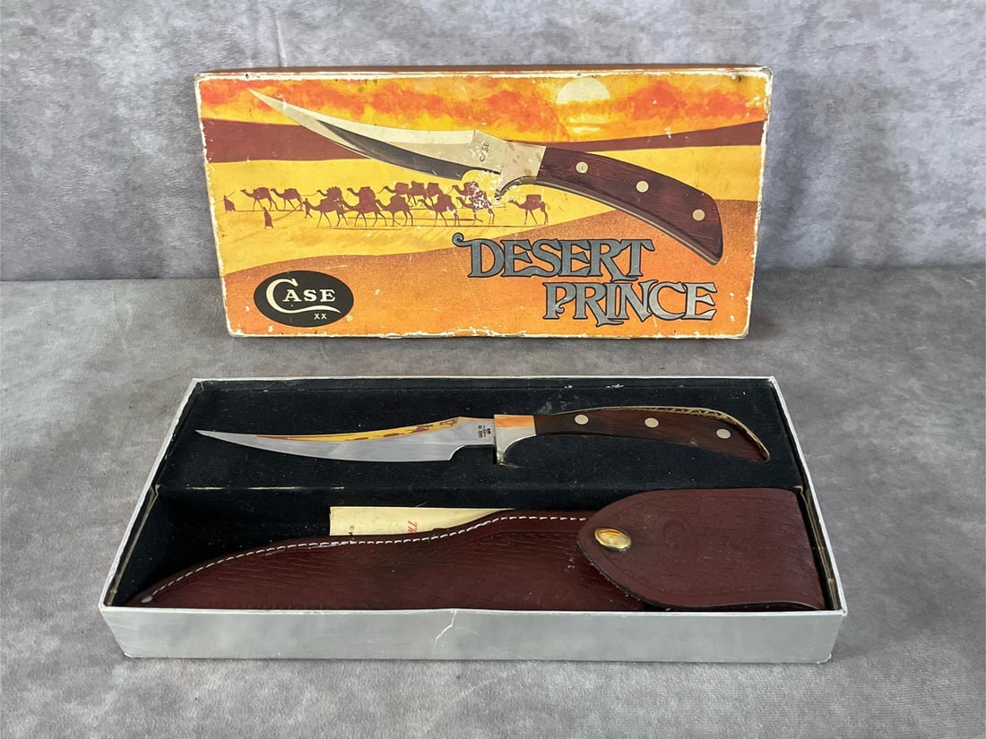 Desert Prince: 1980s Case XX Desert Prince. Fixed blade, model 398, comes in original box and with sheath. Wear to box, otherwise in good condition. Box measures 11.5 inches wide x 5.5 inches tall.