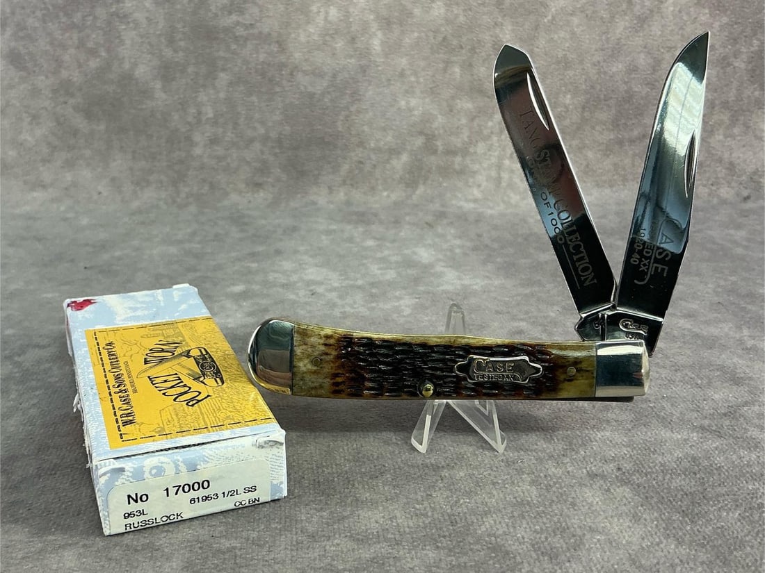Tang Stamp Knife: Case XX Tang Stamp Collection knife. Trapper, patterned 6254ss, numbered 1 of 1000, tight snap and comes with original box. Box measures 4.5 inches wide x 1.75 inches tall.