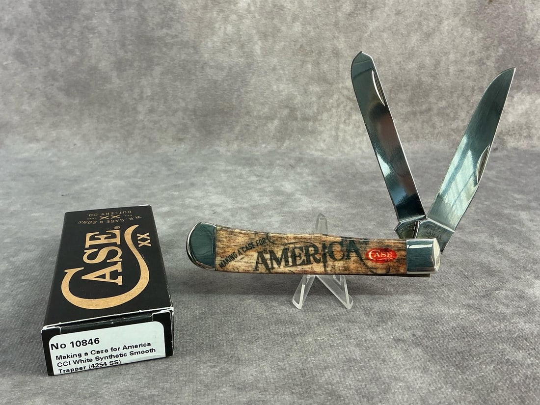 Make a Case Knife: Case XX Make a Case for America knife. Trapper, patterned 4254ss, tight snap and comes with original box. Box measures 4.5 inches wide x 1.75 inches tall.