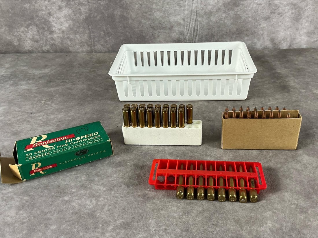 Remington .223 Center Fire Ammunition: 45 total 223 55 grain Center Fire Cartridges by Remington and others, in brass. Fair condition. Container measures 10 inches long X 6 1/2 inches wide X 2 3/4 inches high.