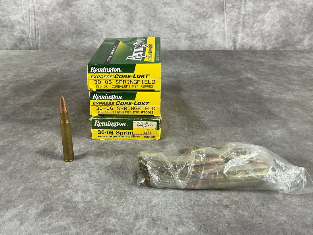 Remington 30-06 Springfield Rifle Ammunition: 65 total 30-06 Springfield 150 Grain Core-Lokt Pointed Soft Point centerfire rifle cartridges by Remington. In good condition. Box measures 6 inches long X 3 1/2 inches wide X 1 1/2 inches high.