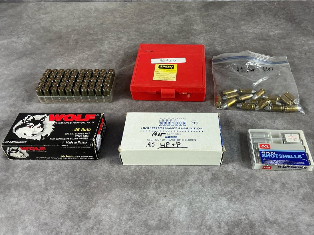 Wolf, Cor-Bon, CCI .45 Auto Ammunition: 144 total .45 Auto ammunition by Wolf, Cor-Bon, and CCI featuring mixed brass, nickel, and steel casings. In good condition. Largest box measures 5 1/2 inches long X 5 1/2 inches wide X 1 1/2 inches