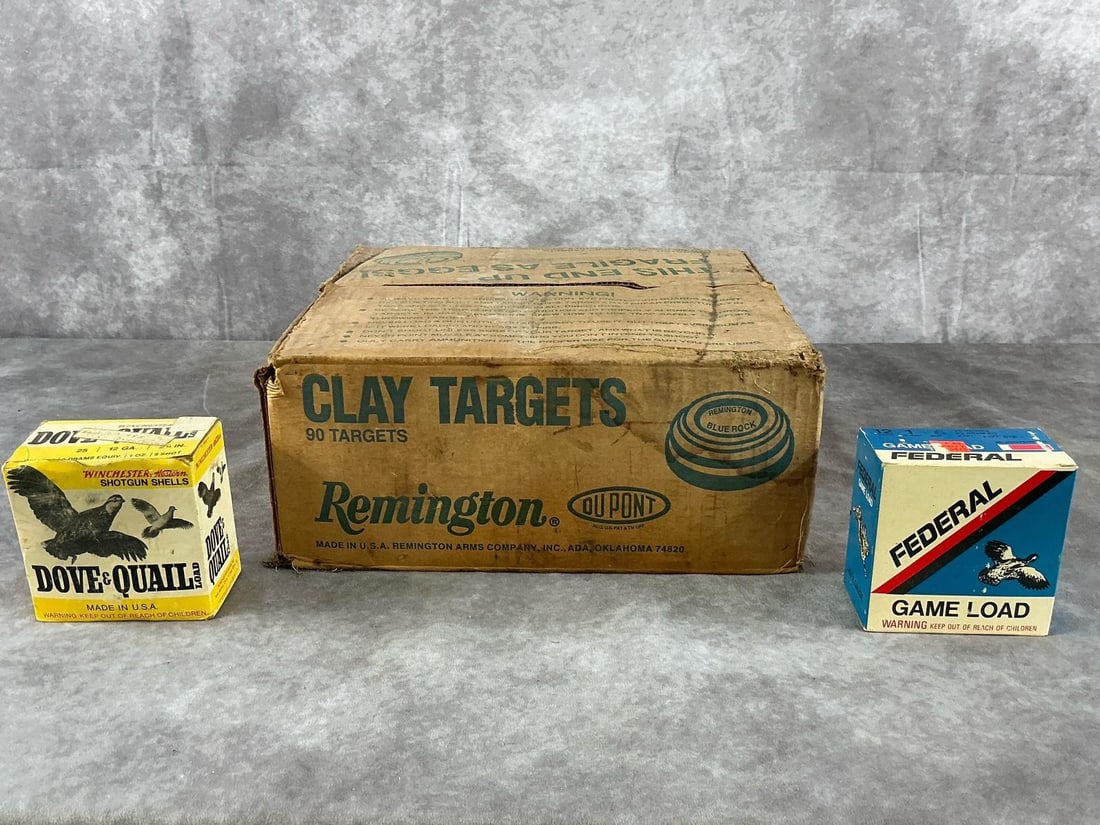 Winchester, Federal Shells and Remington Clay Targets: 50 total 12 GA Dove & Quail Load shotgun shells, Game Load shotgun shells, and 90 total clay targets..In good condition. Largest box measures 13 1/2 inches long X 13 1/2 inches wide X 6 inches high.