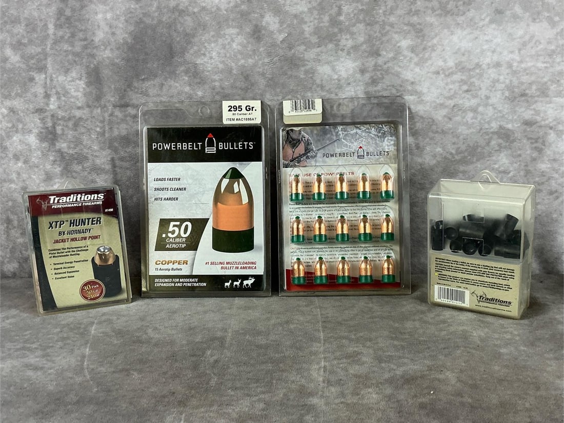 Traditions and PowerBelt Muzzleloader Bullets: Size .50 Caliber Aerotip and XTP Hunter muzzleloader bullets by Traditions and PowerBelt in copper and lead. In sealed factory packaging and in good condition. Largest package measures 7 3/4 inches