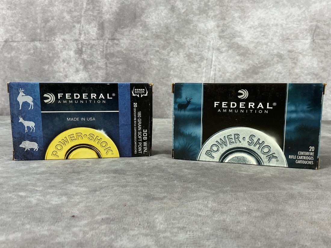 Federal Power-Shok 308 Win Ammunition: 37 total.308 Win 180 grain soft point rifle cartridges by Federal Power-Shok in brass. In good condition. Box measures 6 inches long X 3 1/2 inches wide X 1 1/4 inches high.