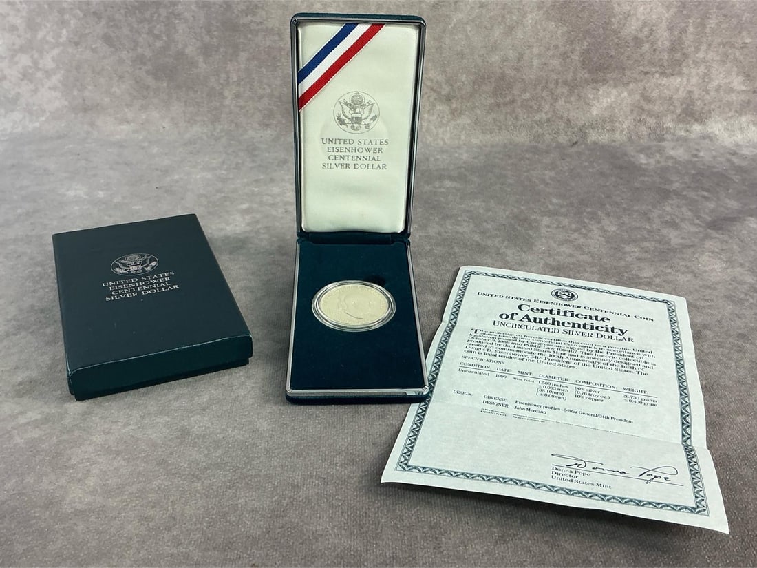 Eisenhower Coin: 1990 Eisenhower Centennial Coin to commemorate the 100th anniversary of the birth of Dwight D. Eisenhower. Uncirculated and contains 90 percent silver. Total weight 1.11 ozt.