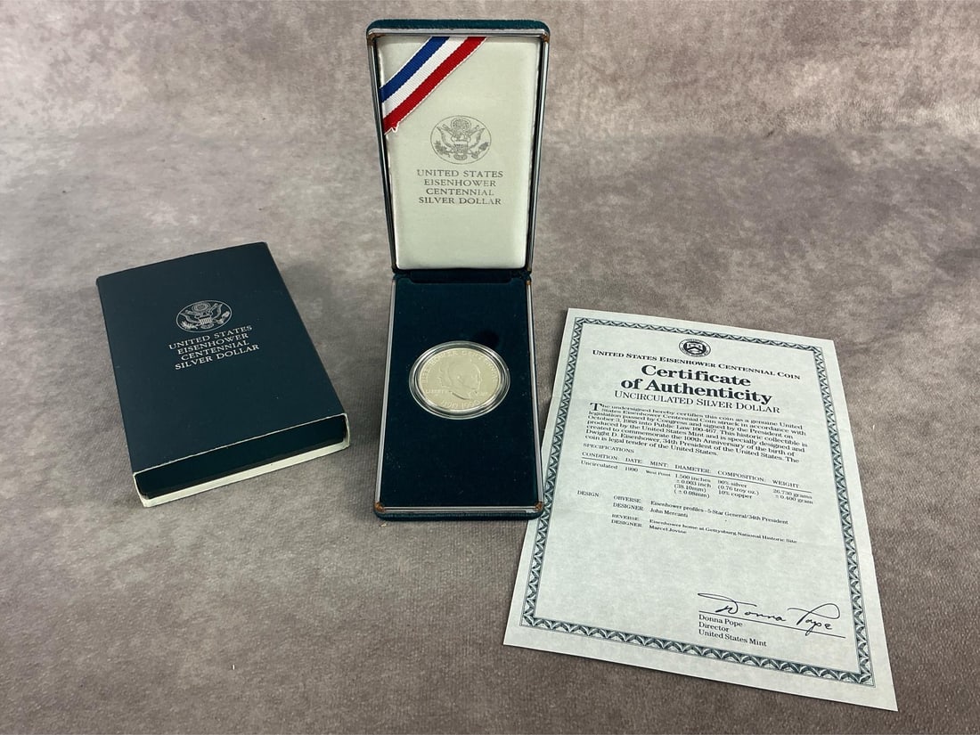 Eisenhower Dollar: 1990 Eisenhower Centennial Coin to commemorate the 100th anniversary of the birth of Dwight D. Eisenhower. Uncirculated and contains 90 percent silver. Total weight 1.11 ozt.