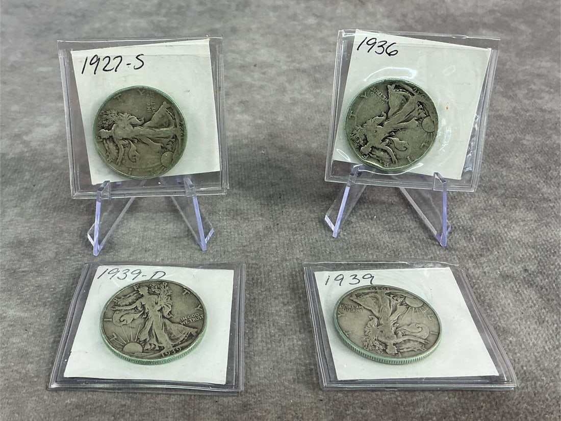 Walking Liberties: Four 1927 through 1939 Walking Liberty Half Dollars. All in good circulated condition. Total weight 1.84 ozt.