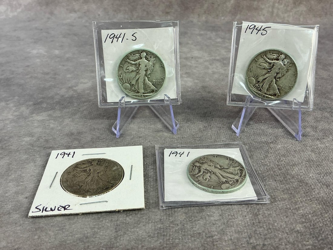 Walking Liberties: Three 1941 and one 1945 Walking Liberty Half Dollars. All in good circulated condition. Total weight 1.85 ozt.