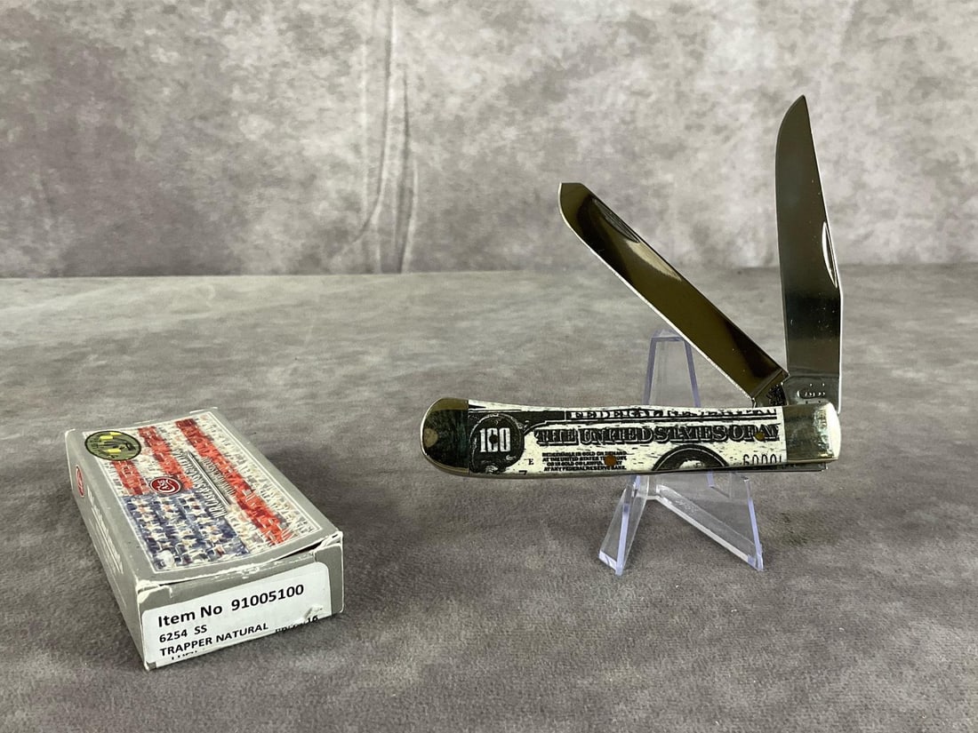Dollar Bill Trapper Knife: Case XX Trapper pattern 6254ss. Tight snap, includes original box. Box measures 4.5 inches wide X 1.75 inches tall.