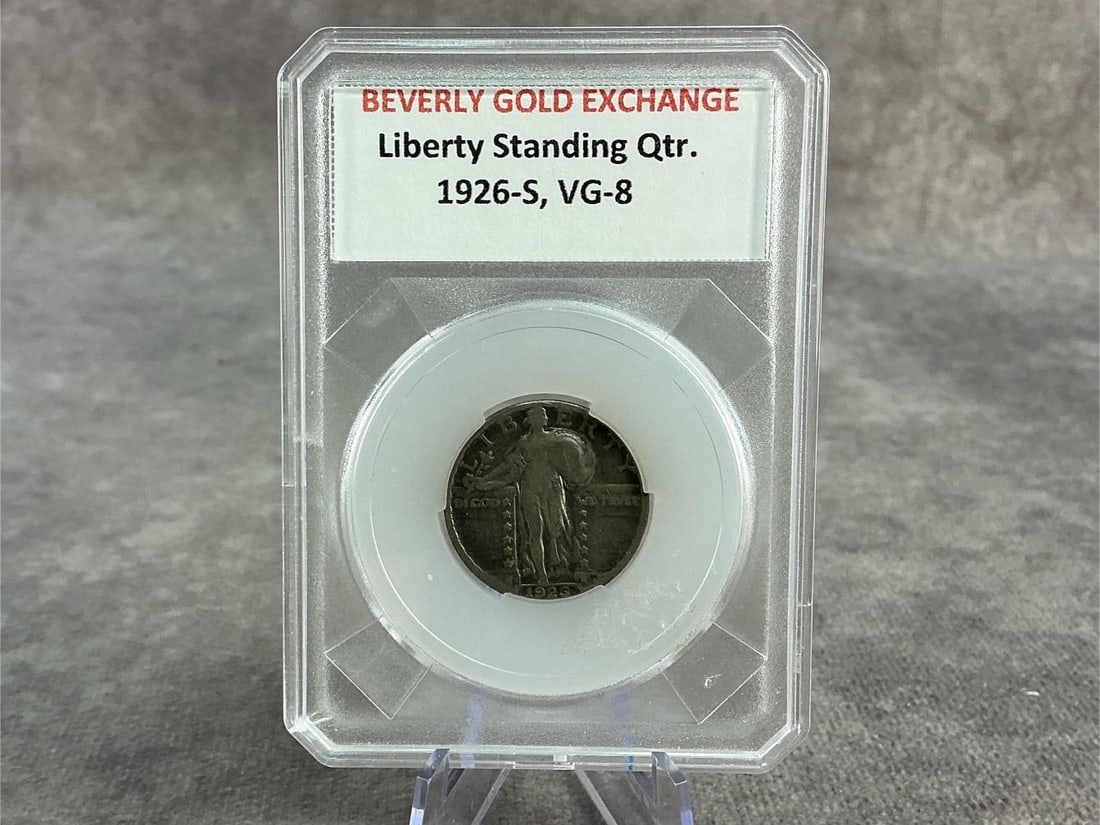 Standing Liberty: 1926 S Standing Liberty Quarter, graded VG-8, protective holder from Beverly Gold Exchange. Measures 2.25 inches wide x 3.25 inches tall.
