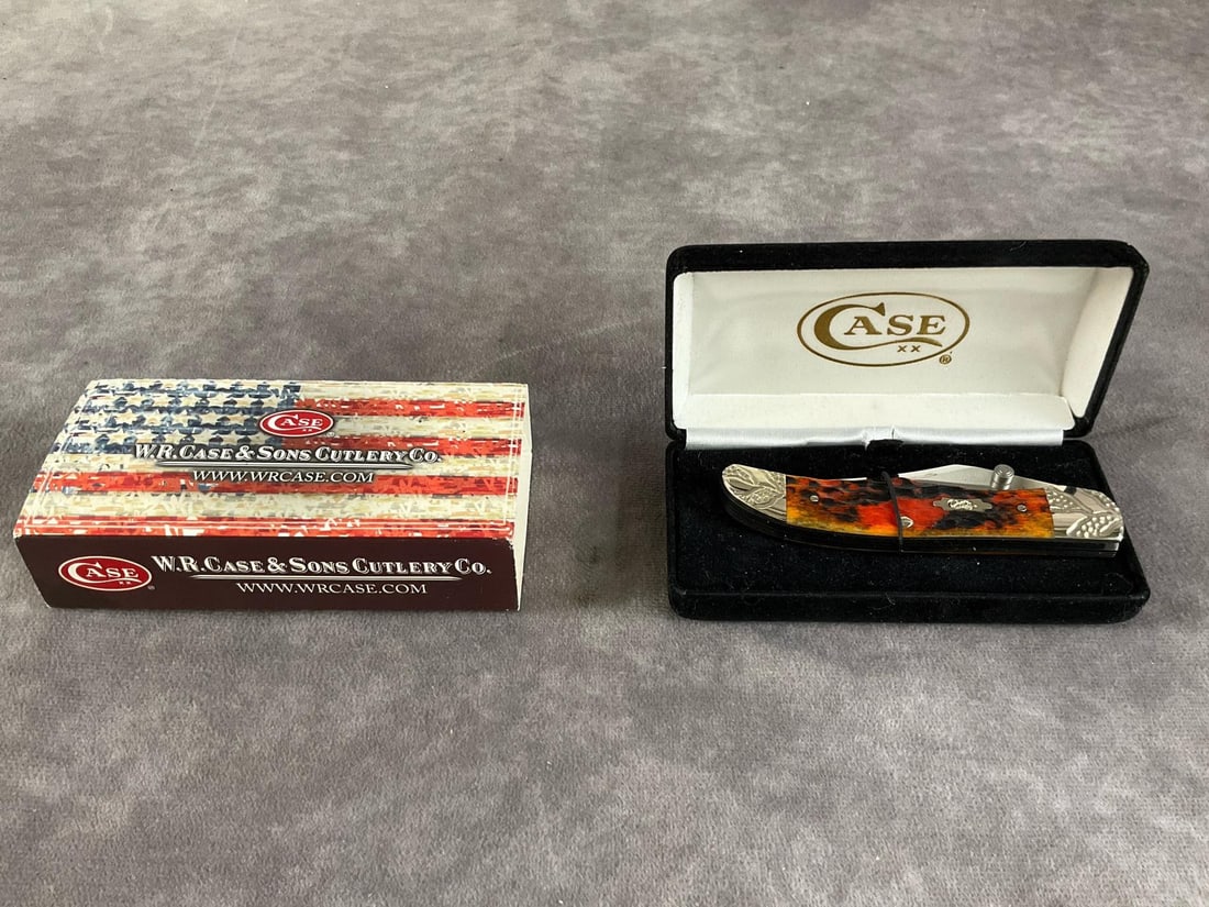 Autumn Bone Worked Bolster Knife: Case XX Mid-Folding Hunter 61265l ss. Includes original case and sleeve. Case measures 4.5 inches wide X 2.25 inches tall.