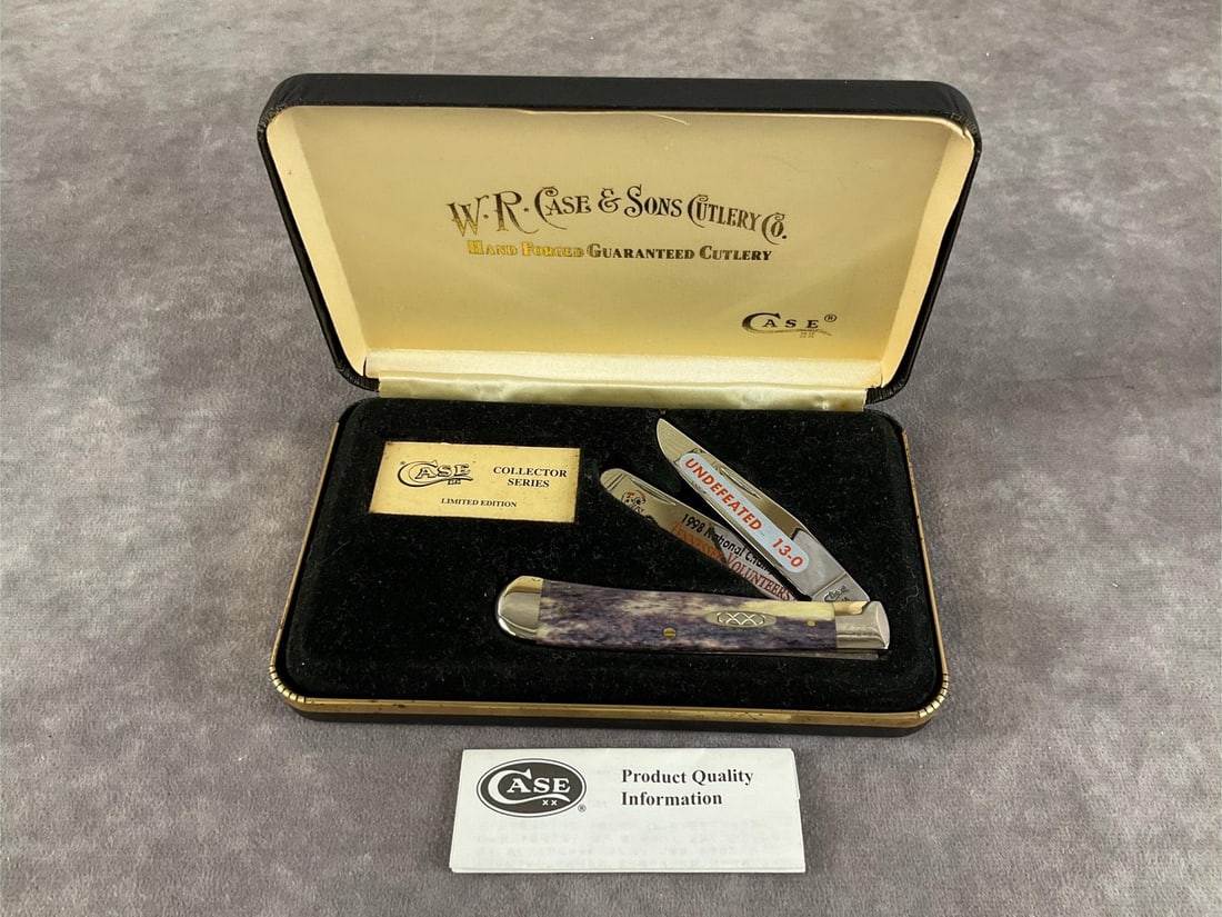 1998 Undefeated (13-0) Tennessee Championship Knife: Case XX Purple bone handle, trapper. 6254 ss. Limited edition, tight snap. Commemorative case included. Case measures 7 inches long X 4.25 inches wide X 1.25 inches high.