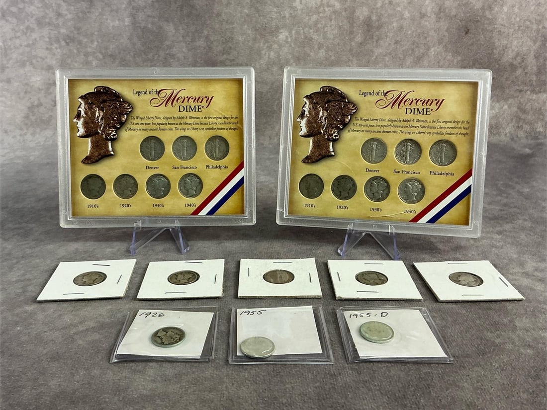 Dime Delight: Two legend of the Mercury Dime collectors set and eight additional mercury dimes. All in good condition. Each collector set measures 5.25 inches wide x 4.25 inches tall.