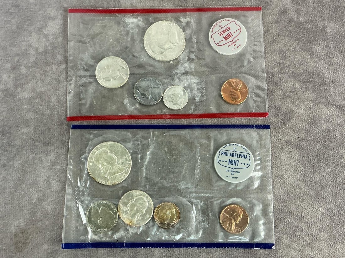 Proof Sets: 1962 proof sets from Denver and Philadelphia mint. Both in good condition in original seal with vacuum gone. Each measures 5.5 inches wide x 3.25 inches tall.