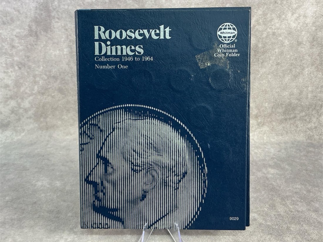 Roosevelt Dimes: Whitman binder of Roosevelt dimes from 1946 to 1964. In good condition with several dates missing. Binder measures 5.75 inches wide x 7.5 inches tall.