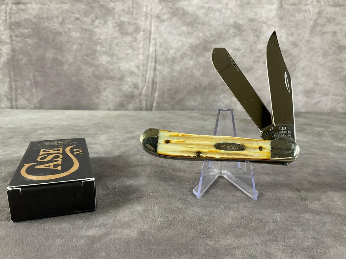 Second Cut Burnt Stag Knife: Case XX Copperhead SC5249 SS. Tight snap, includes unmarked box. Box measures 4.5 inches wide X 1.75 inches tall.