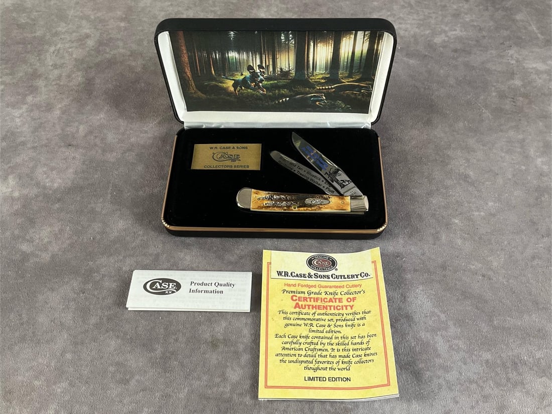 Limited Edition Jigged Bone Knife: Case XX Coon Dog Hunting Trapper 6.5254 SS Number 28 of 50. Tight snap, includes case. Case measures 7 inches long X 4.25 inches wide.