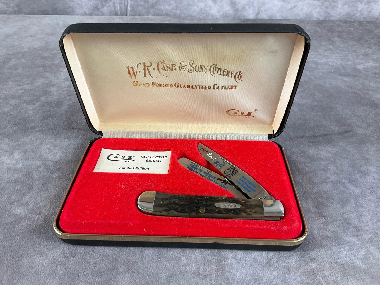Limited Edition Jigged Brown Bone Knife: Case XX Get Real Bill; Gun Rights Trapper 6254 SS Number 20 of 50. Tight snap, includes case. Case measures 7 inches long X 4.25 inches wide.