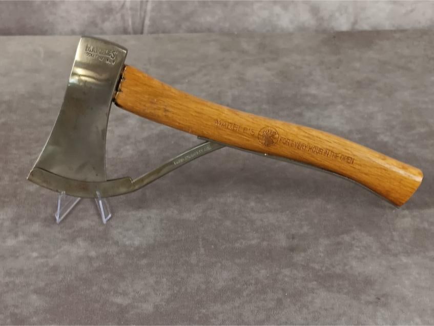 Marbles Pocket Safety Axe: 1960's Number 5 Marbles axe with steel head, safety guard and hickory handle. Measures 10.75 inches long X 4.75 inches wide.
