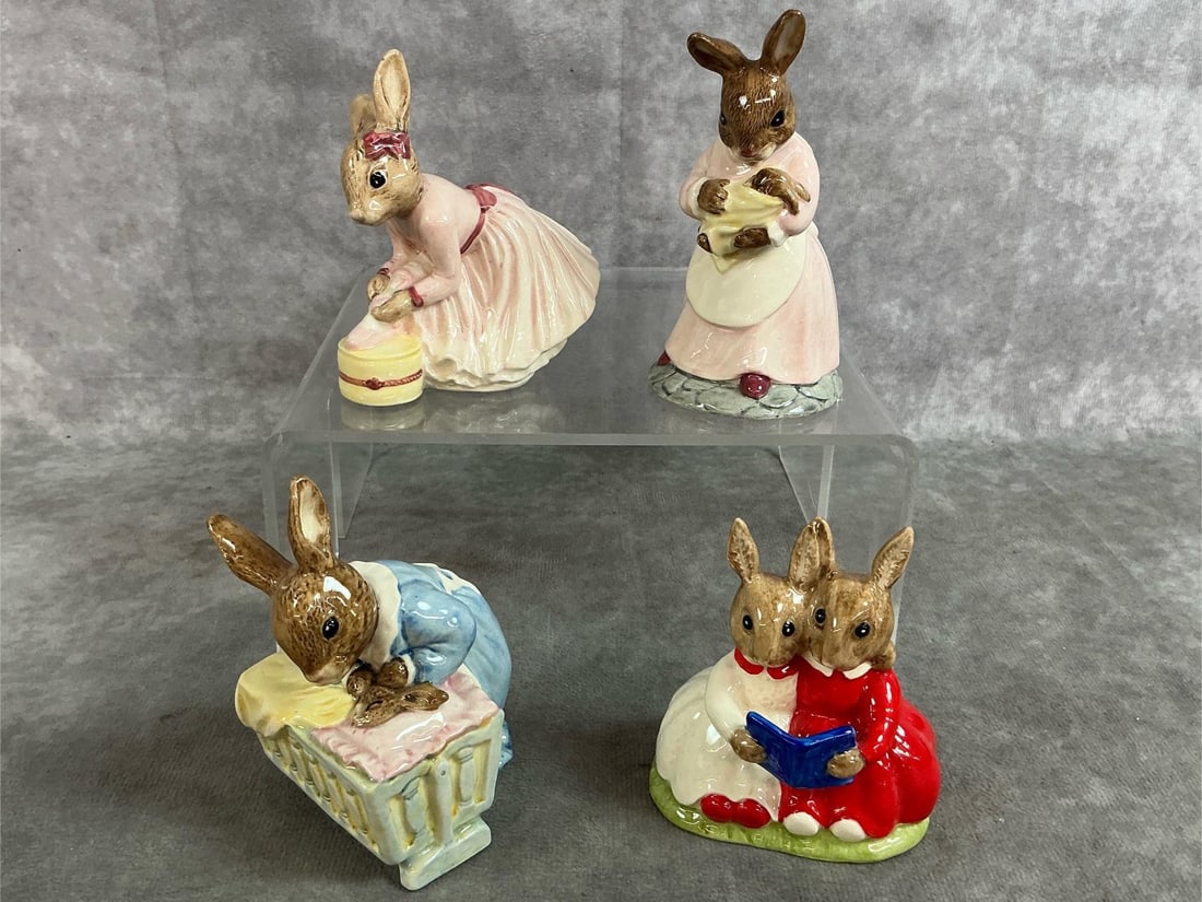 Bunnykins Girl Bunnies: Four 1995 - 1997 Royal Doulton porcelain collectible figurines. Each one hand painted and numbered. Includes Ballerina Bunnykins, Mother and Baby Bunnykins, Partners in Collecting 15th Anniversary