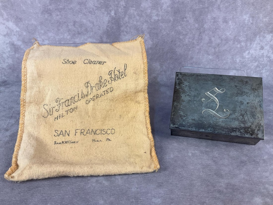 Sterling Silver Trinket Box: Two vintage collectible items. Includes an S & G Gump monogramed hand made sterling silver trinket box and a San Francisco Shoe Drake Hotel polish cleaner bag. Both in good condition. Box measures